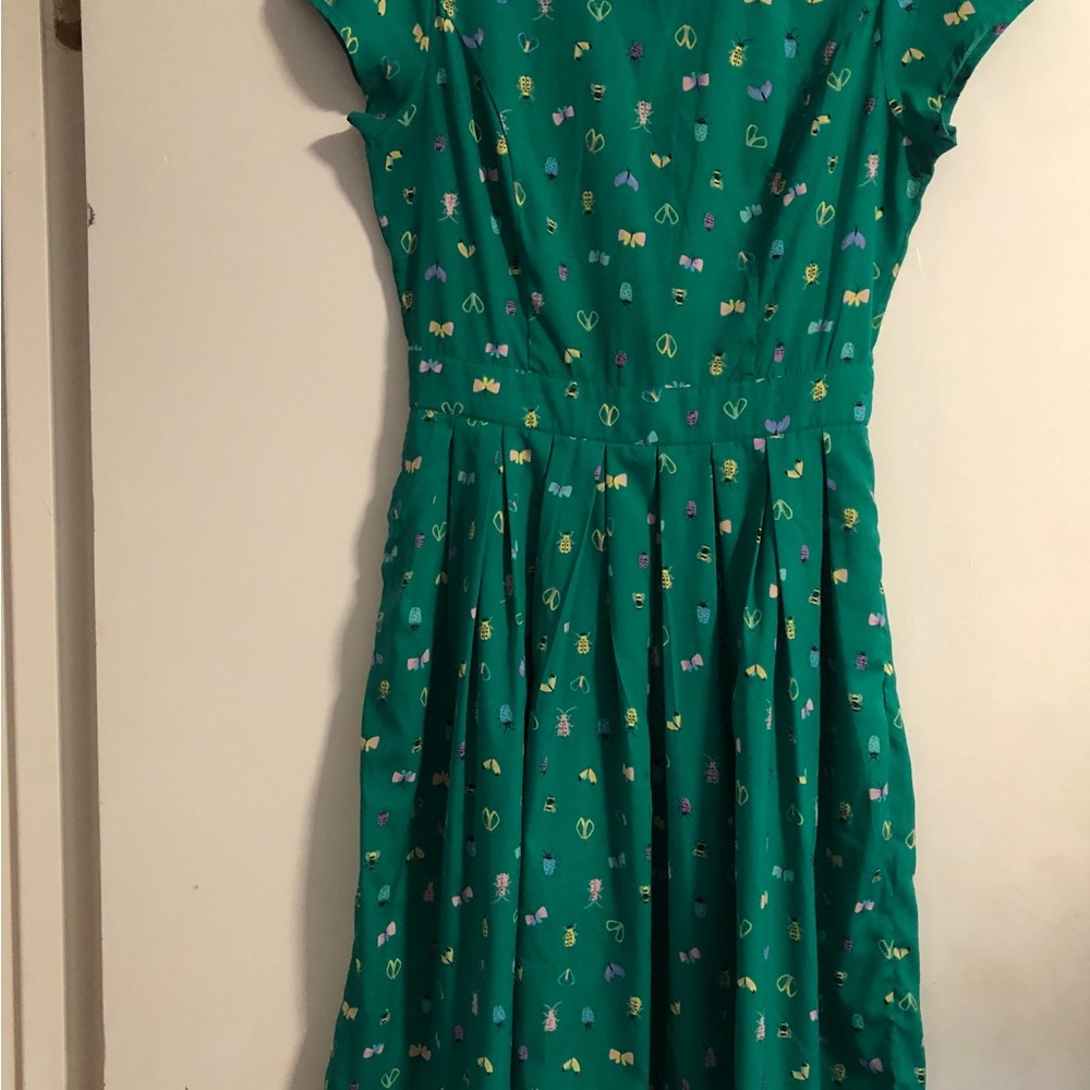 ModCloth Green Dress with Collar with Bugs/Insects Design and Pockets